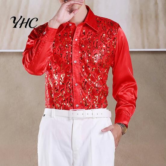 Sequin Embellished Men Shirt Luxury Sequins Performance Lapel Long Sleeve Single-Breasted Lightweight Wedding Stage Slim Fit Formal Casual Tops