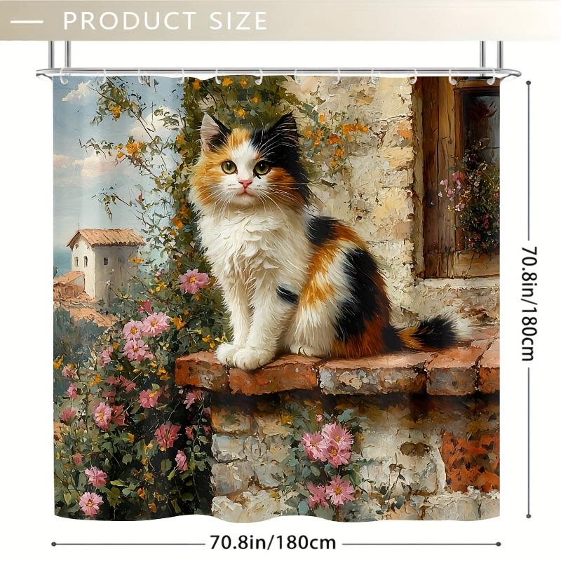 Милая Трехцветная Кошка Шторка для Душа - Белый и Черный Мех, Цветочный и Кирпичный Дизайн, 71x71 Дюйм Полиэстер, Ручная Стирка, Летний Домашний Декор