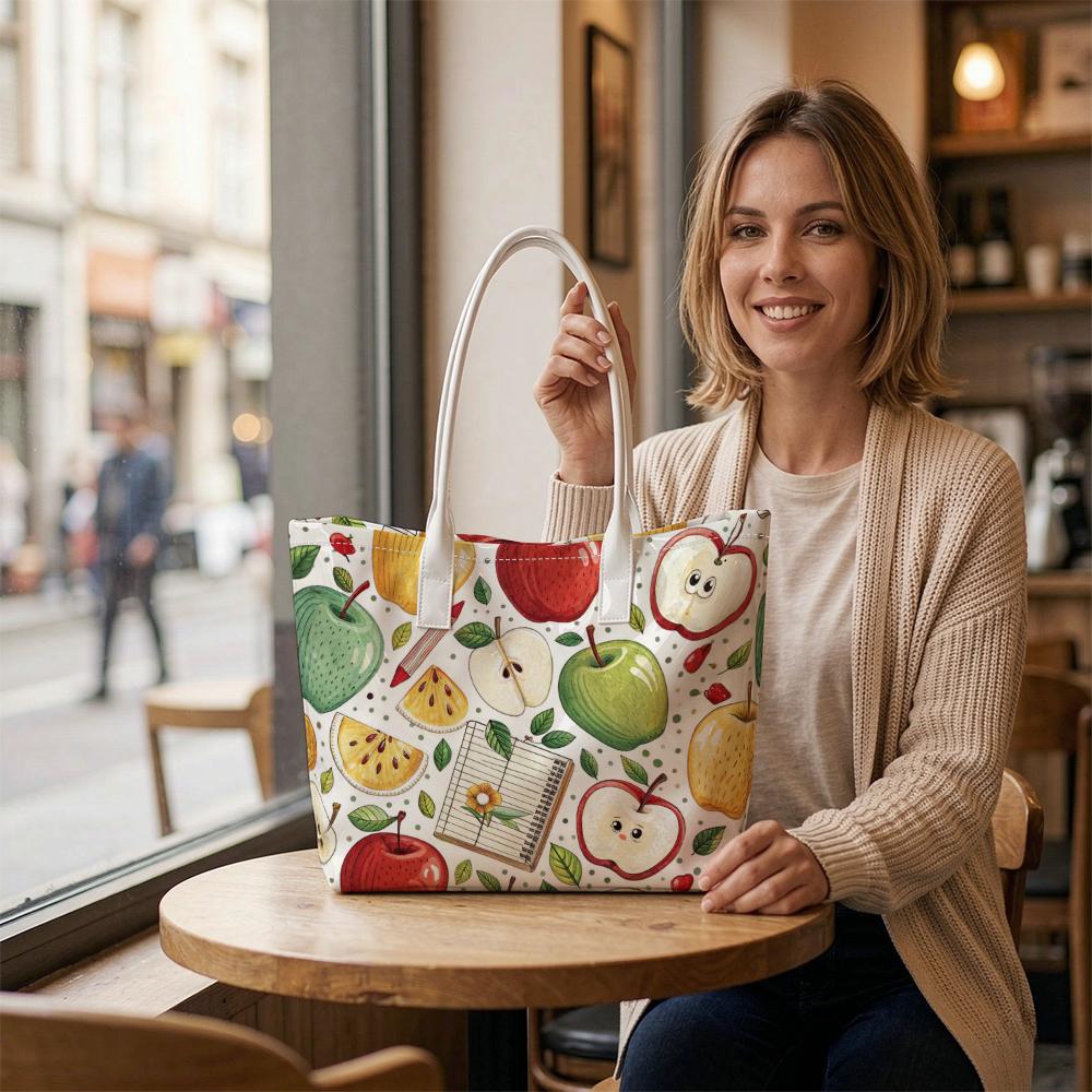 Cute Apple Print Tote Bag for Daily Shopping Carry Shoulder Bag Fashion Casual Handbag