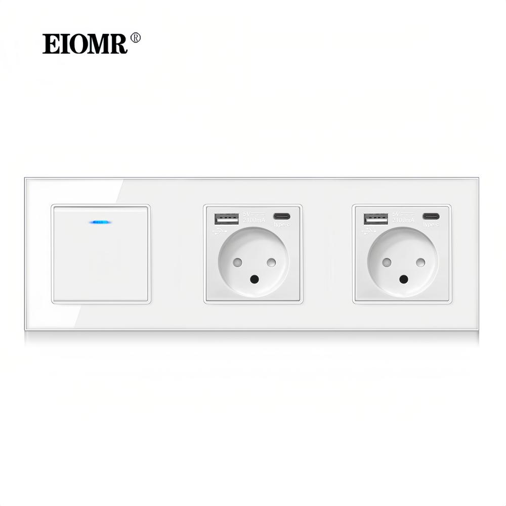 EIOMR 16A Израильская настенная розетка, USB A C порт для зарядки, Белая панель из хрустального стекла, Одиночная, Двойная, Тройная, Израильский тип C розетка