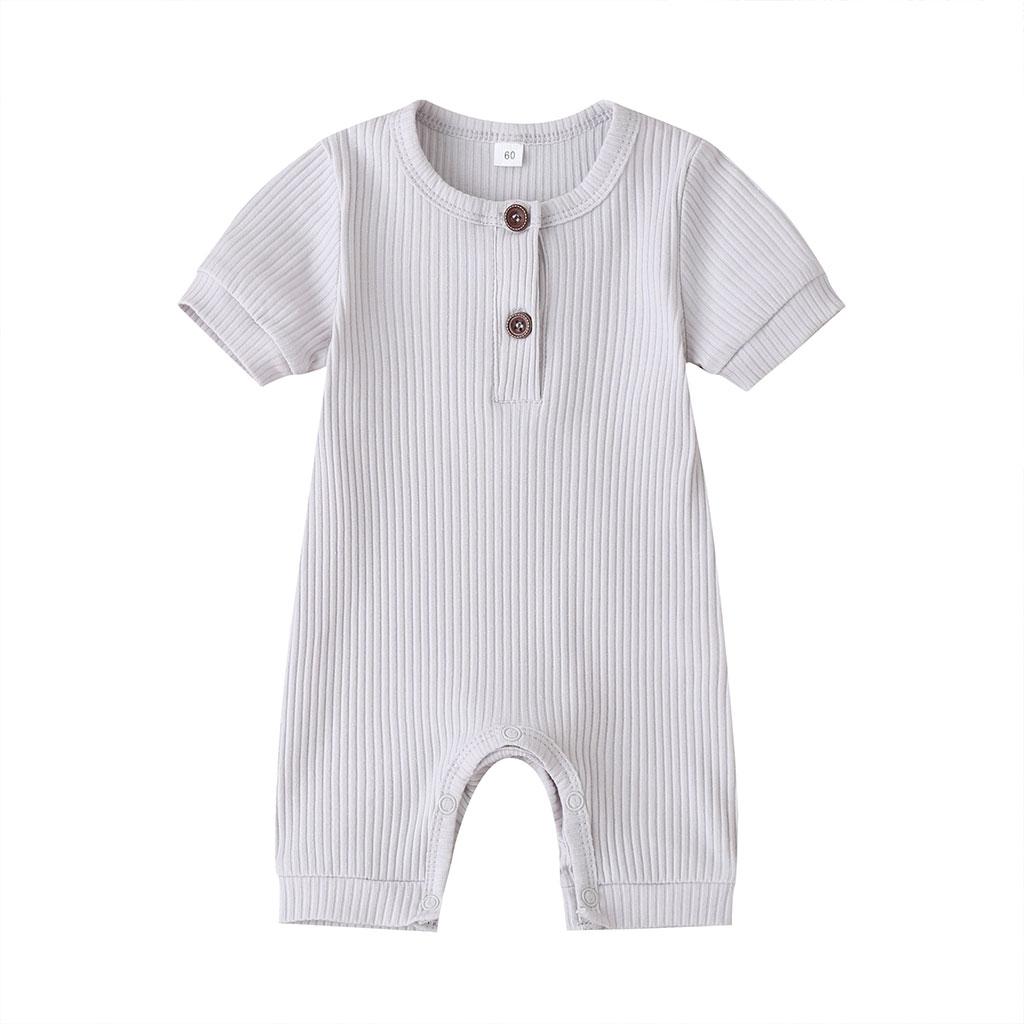 Newborn Baby Short Sleeve Romper Knit Ribbed Solid Color Cotton Jumpsuits One Piece O-Neck Button Pajamas Playsuit
