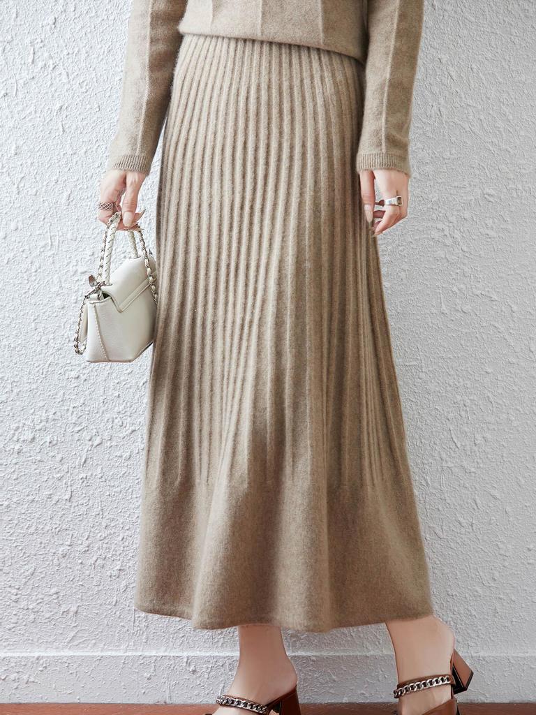 100% Wool Drapey A-Line Pleated Midi Skirt - Slimming and Large Swing Design for Spring and Autumn