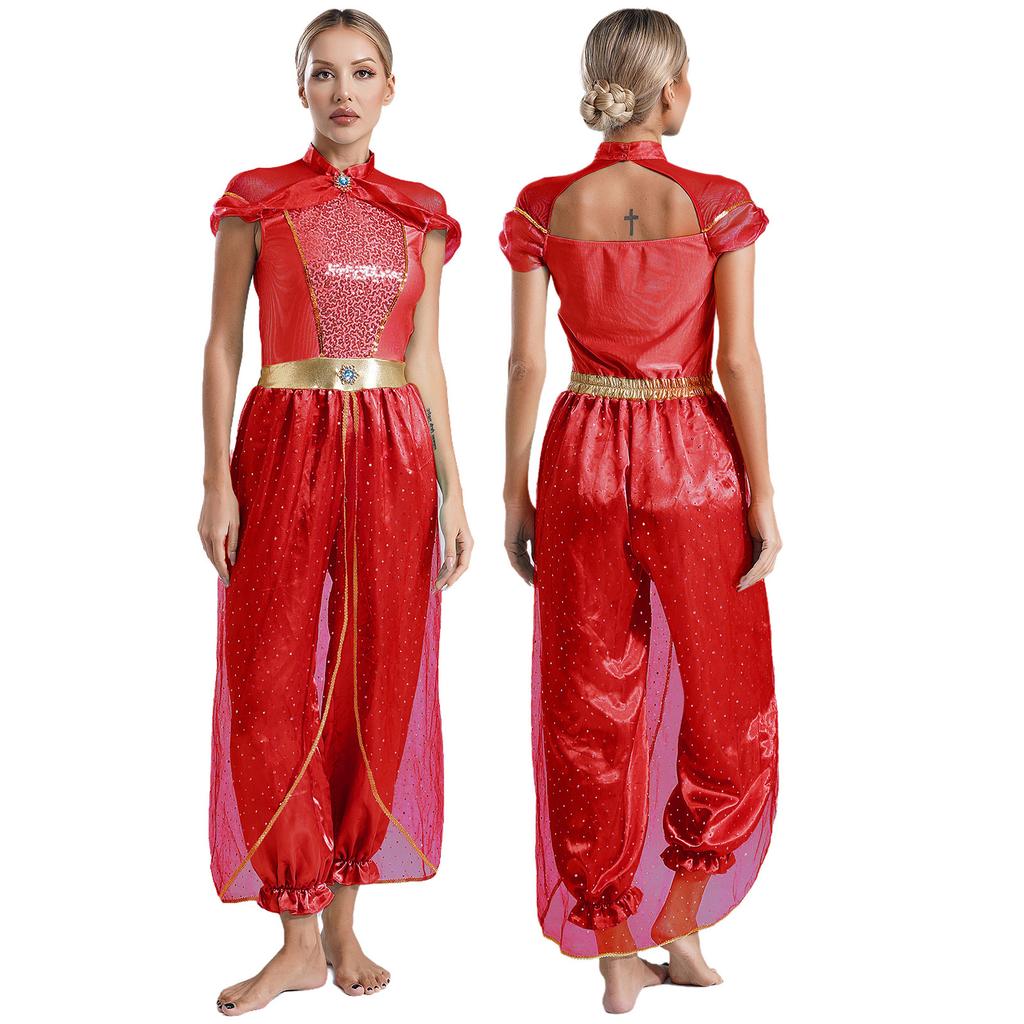 Womens Arabian Princess Costumes Halloween Carnival Aladin Theme Party Jasmines Outfit Sequin Tulle Rompers Belly Dance Jumpsuit