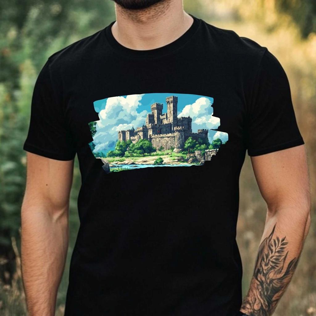 T-Shirt Herren Schloss Pixel Art Motiv Baumwolle Größe XS bis 5XL
