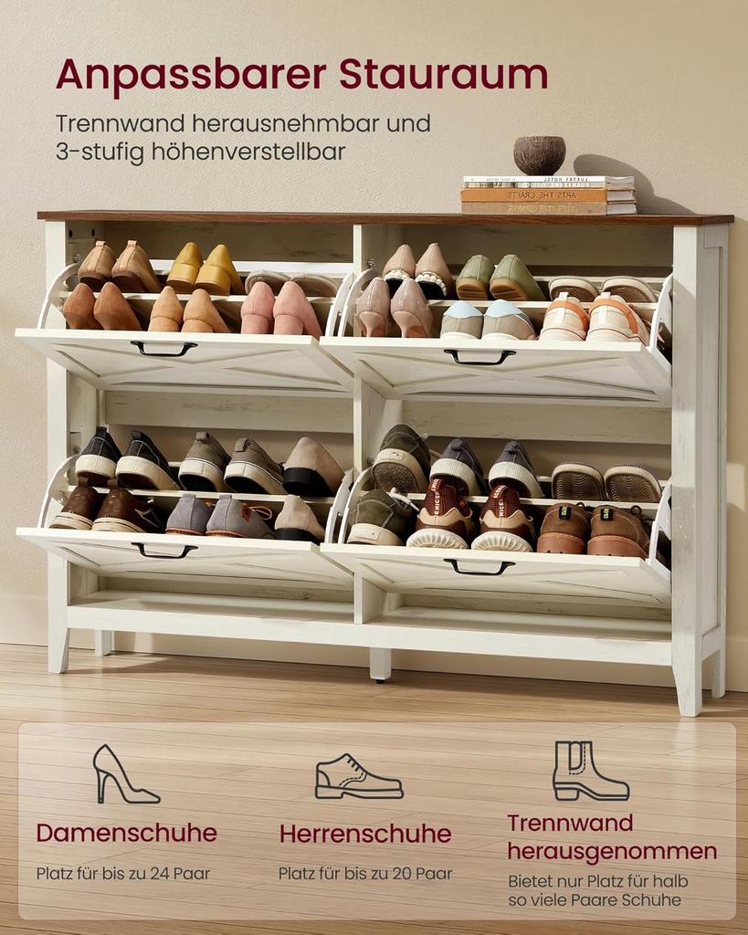 VASAGLE LIRY Collection – Shoe Cabinet with 4 Flip-Down Doors, Freestanding Narrow Shoe Rack, for Entryways, Country Style