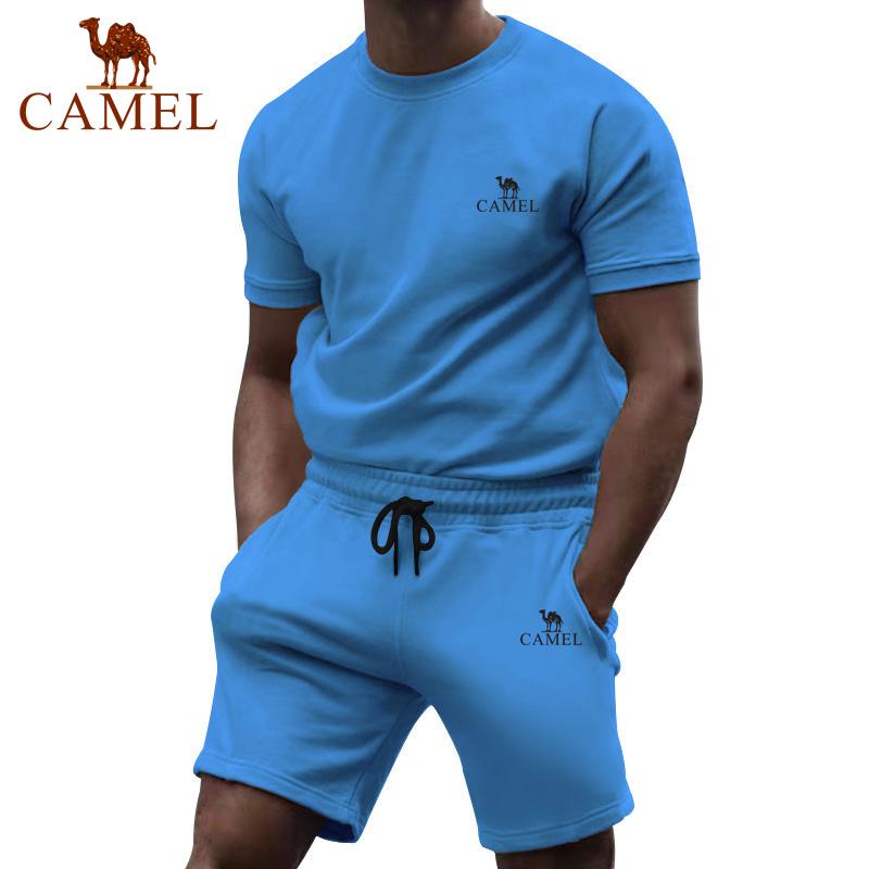 Camel Short Sleeved Men's Summer Casual Fashion Solid Color Two-piece Sports Suit Trendy Quarter Pants