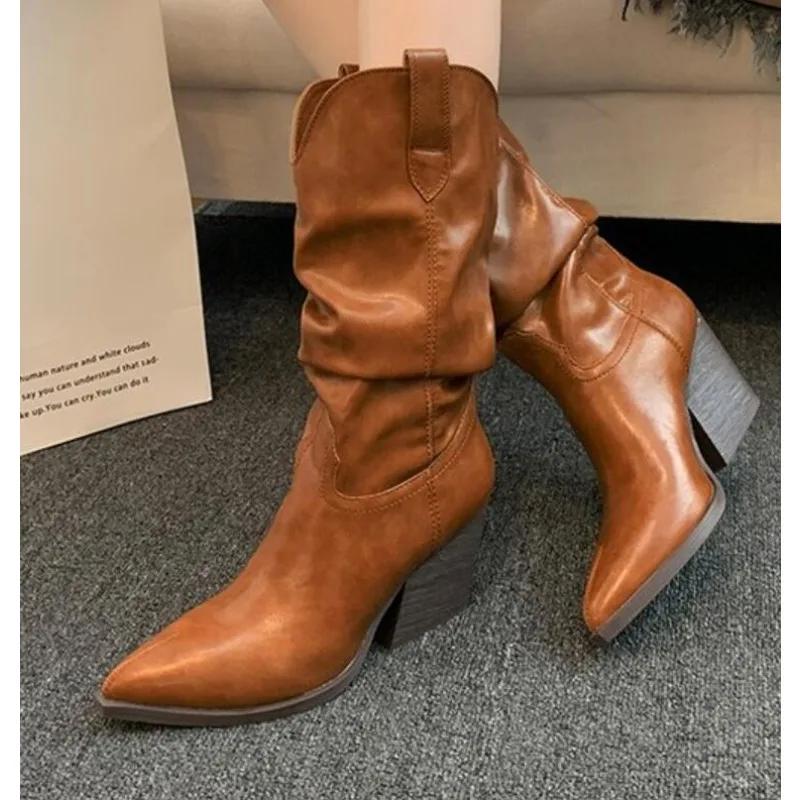 Модные высокие каблуки до середины икры, плиссированные сапоги для женщин, осенне-зимние, коричневые, из искусственной кожи, ковбойские сапоги в западном стиле, женские, на толстом каблуке, ковбойские боты для женщин