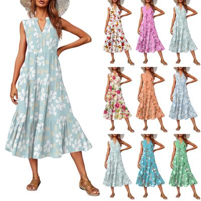 Женское повседневное и модное платье средней длины с V-образным вырезом без рукавов и принтом