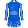 Girls Dance Costume Mesh Long Sleeve Shiny Sequins Hollow Back Patchwork Style Tassel Dress