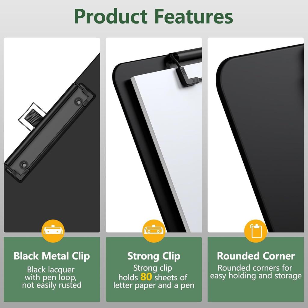 2 Pack Black Clipboard with Pen Holder, 8.5 x 11 Plastic Clip Boards with Black Low Profile Clip, Letter Size for Classroom, Teacher, Students,