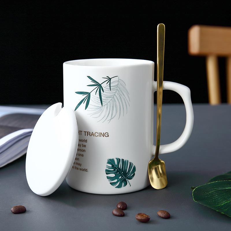 450 мл креативная зеленая листовая белая фарфоровая кружка с ложкой, кружки для напитков в подарок, фарфоровые кружки кофейная чашка для чая/кофе/молочная чашка