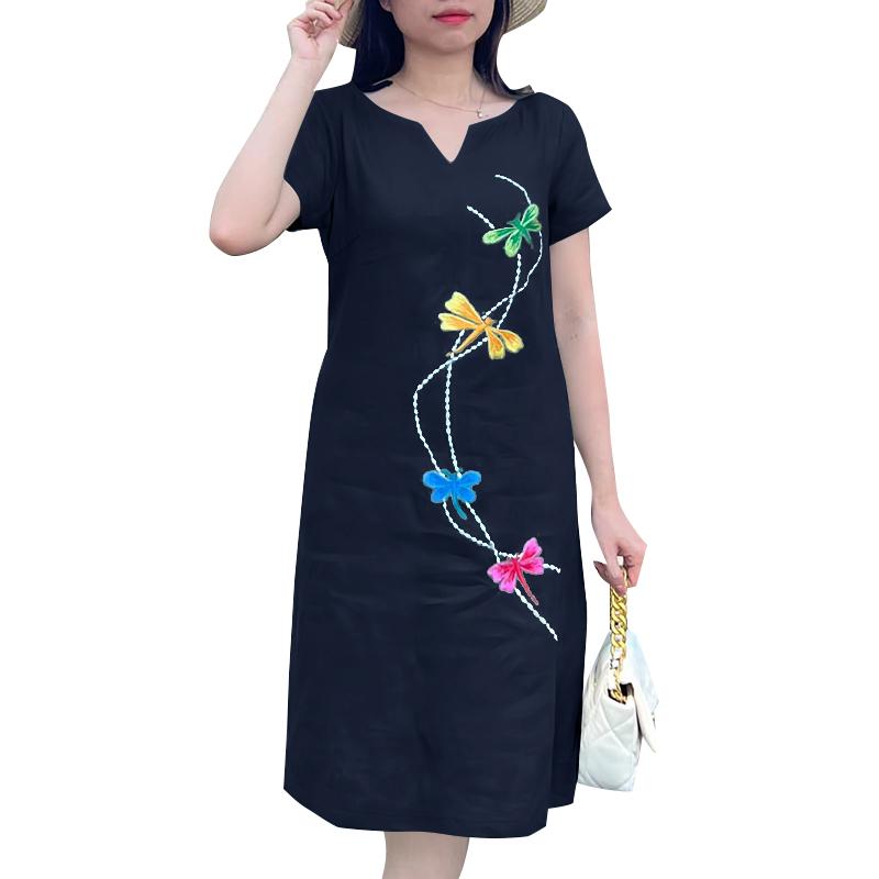 ZANZEA Женское повседневное свободное летнее платье с V-образным вырезом и коротким рукавом с вышивкой