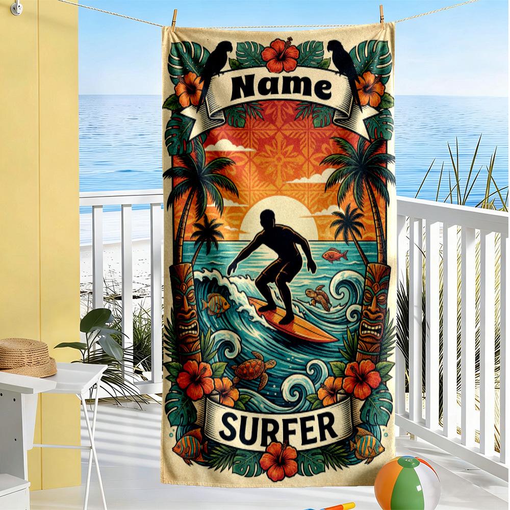 Surfer Sunset Paradise Personalized Name Customizable With Nametext Microfiber Towel Suitable For Beach Pool Surfing Yoga And Bathroom Bath Towelt40