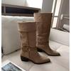 Autumn and Winter New Pointed Braided Belt Buckle Thick Heel Flanged Boots Suede Thin