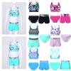 3Pcs Kids Girls Swimwear U Neck Print Crop Tops with Shorts and Briefs Set Beach Pool Rashguard Suit