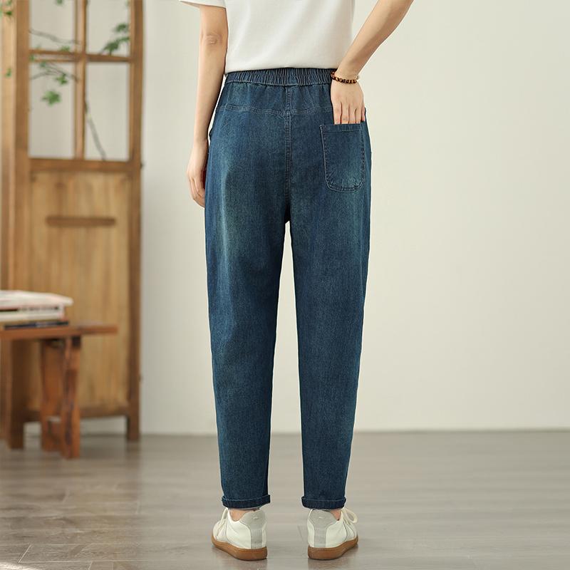 Большие размеры Тонкие Винтажные вышитые цветочные с высокой талией повседневные свободные Женские летние джинсы деним Шаровары