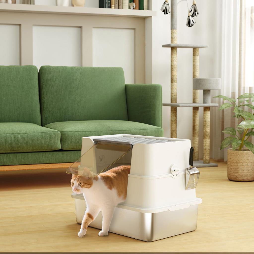 Cat Litter Box Stainless Steel XL Interior With Scoop Light Gray