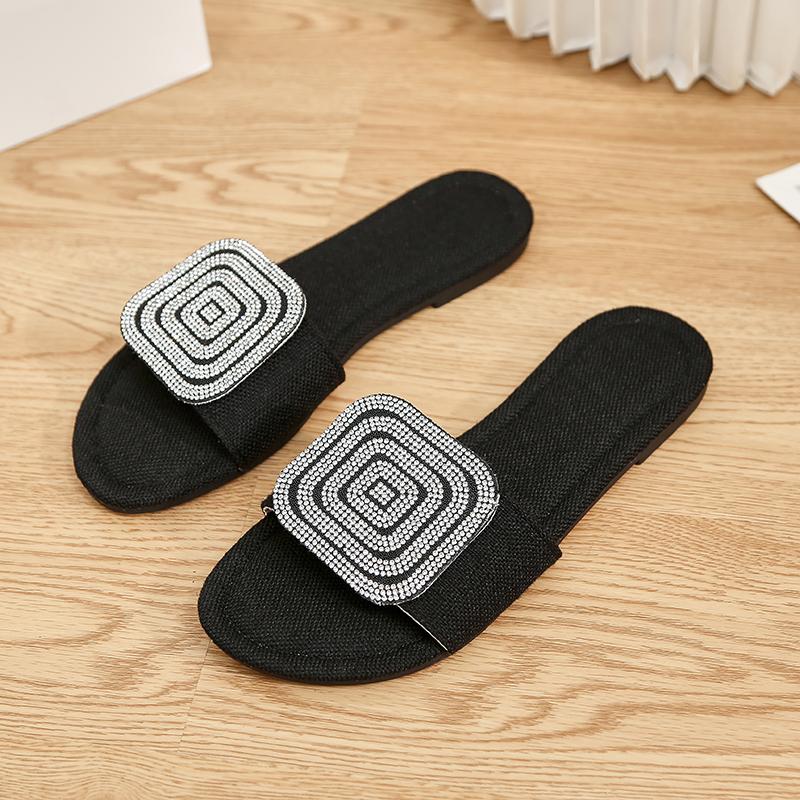 Большие модные тапочки с круглым носком и бриллиантами для женщин, летние, крутые, пляжные тапочки для улицы