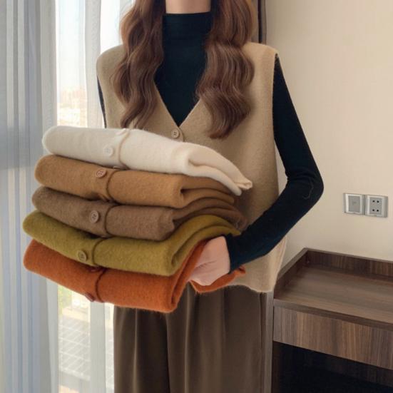 Осень-зима Женский жилет с V-образным вырезом на пуговицах Однотонный свободный трикотажный толстый сохраняющий тепло свободный свитер без рукавов