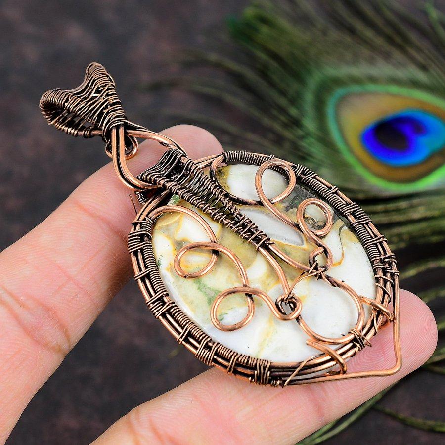 Natural Ocean Jasper Gemstone Handmade Copper Wire Wrap Pendant 3.39 Z2G26