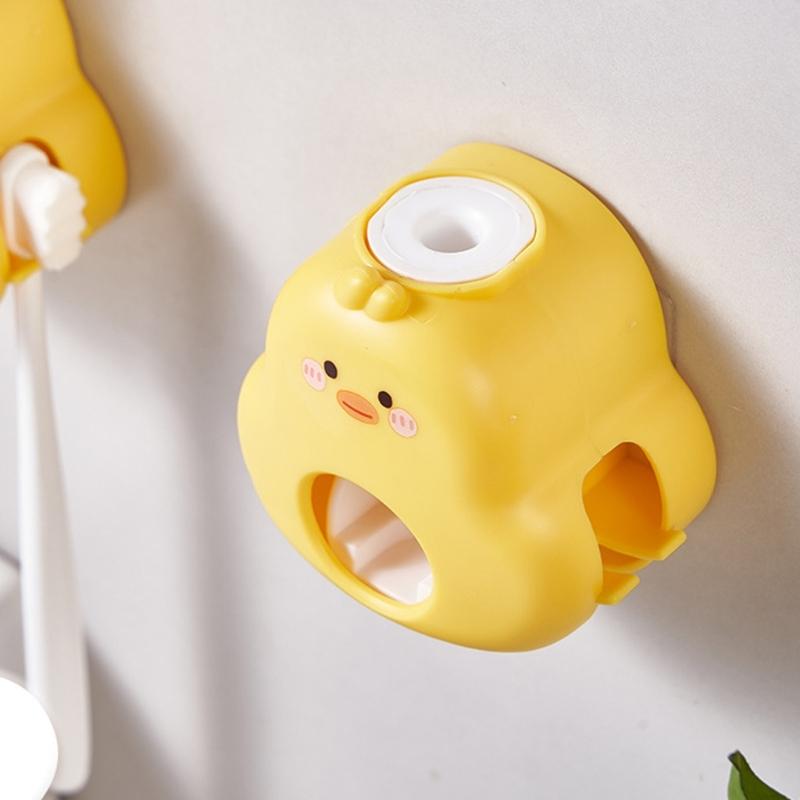 Automatic Press Toothpaste Dispenser Wall Mounted Cute Duck Design Space Saving Bathroom Tool Toothbrush Holder Rack