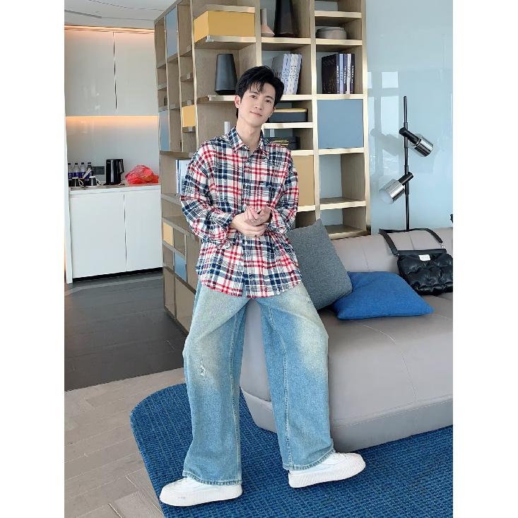 2024 Клетчатая рубашка с длинным рукавом в японском стиле Гонконга Ins Свободная рубашка для мальчиков Летнее модное универсальное повседневное пальто