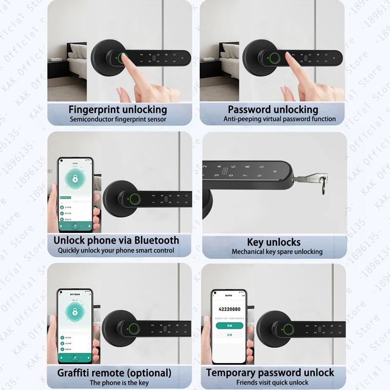 KAK Tuya Handle Fingerprint Key Card Digital Smart Door Lock Keypad Key Entry Electronic Lock 180 Days Super Long Standby Time