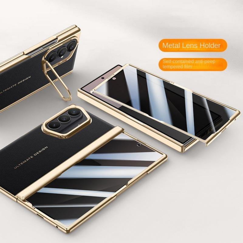 Гальванизированный чехол из гладкой кожи на пружинных петлях для Samsung Galaxy Z Fold 7, всесторонняя защита, задняя крышка из закаленного стекла