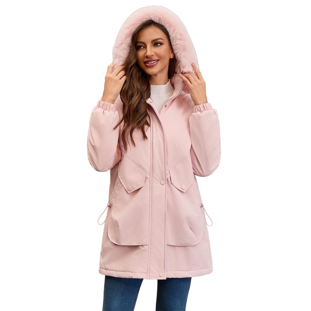 European and American-style Long Winter Parka for Women, with Fleece Lining and Large Fur Collar
