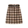 Feiyuan Women's Retro Plaid Wool Midi Skirt with Belt - Stylish Korean Pencil Skirt for Early Spring