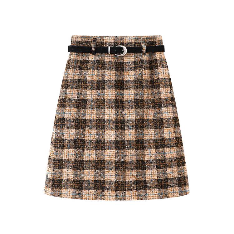 Feiyuan Women's Retro Plaid Wool Midi Skirt with Belt - Stylish Korean Pencil Skirt for Early Spring