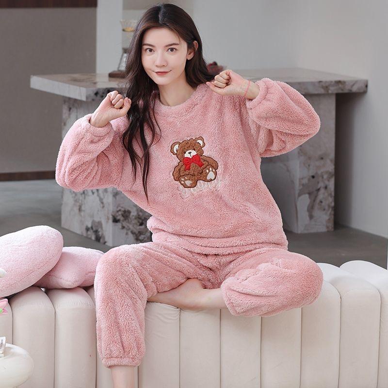 Мультяшные пижамные комплекты Осень-Зима 2025 для женщин, теплые, утолщенные пижамы, длинная одежда для сна, пижамы для девочек, домашняя одежда из кораллового флиса