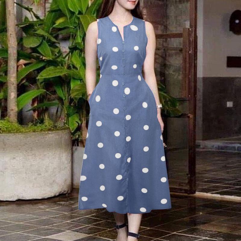 ZANZEA Женское повседневное платье-трапеция в горошек с V-образным вырезом и разрезом без рукавов для отпуска
