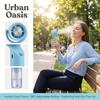Handheld misting fan, rechargeable battery powered, portable, three wind speeds, 55ml water tank, 360° rotation.