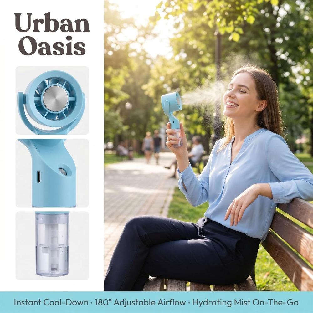 Handheld misting fan, rechargeable battery powered, portable, three wind speeds, 55ml water tank, 360° rotation.