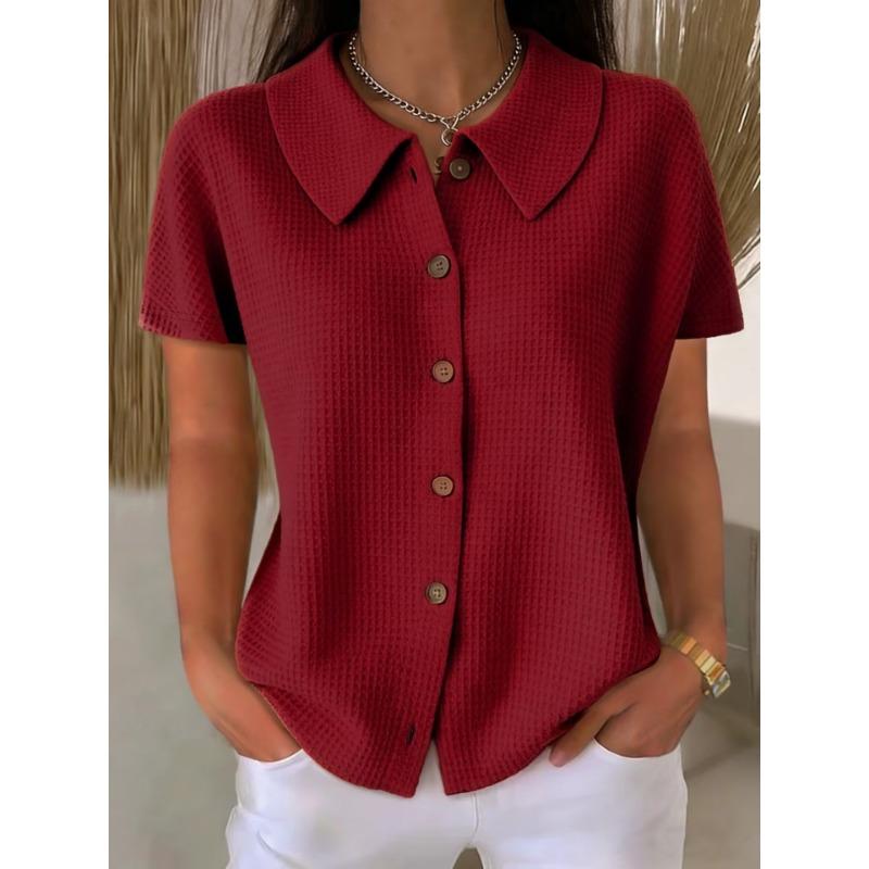 Womens Solid Waffle Lapel Casual Short Sleeve Button Shirt