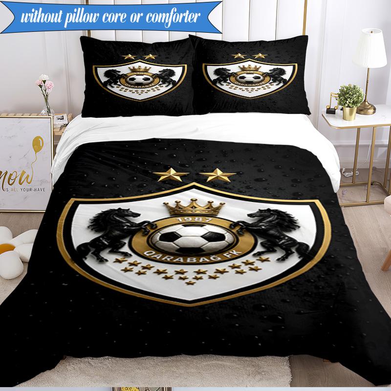 3PCS Qarabag Golden Crested Football Emblem Bedding Set 2D Printing (Includes 1 Duvet Cover + 2 Pillowcases Coreless), Bedroom decor,Fan gift