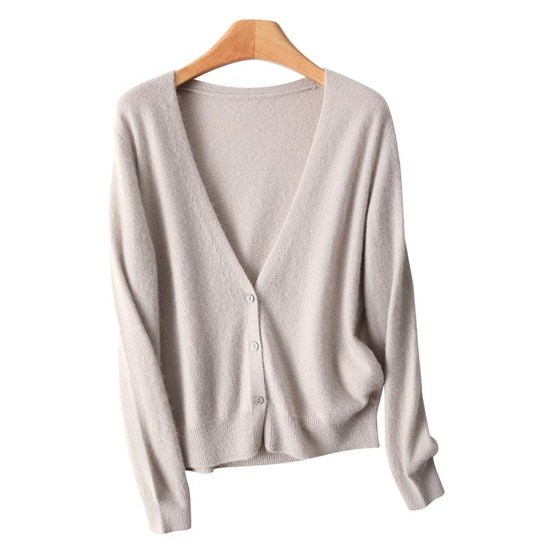Women's 100% Wool V-Neck Cardigan Sweater - Solid Color, Long Sleeve, Short Jacket for Autumn/Winter