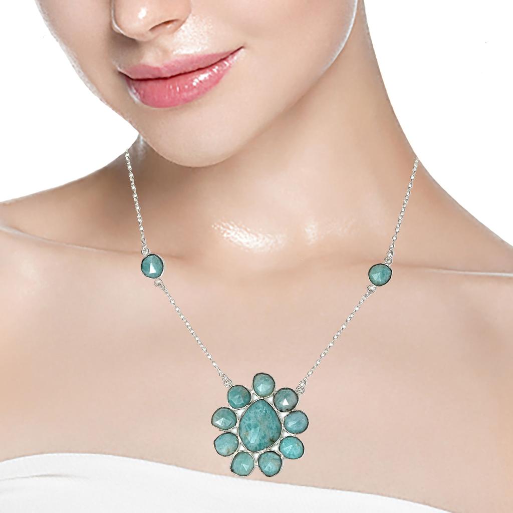 Necklace Amazonite Feceted Gemstone Handmade Antique Silver Jewelry 26''
