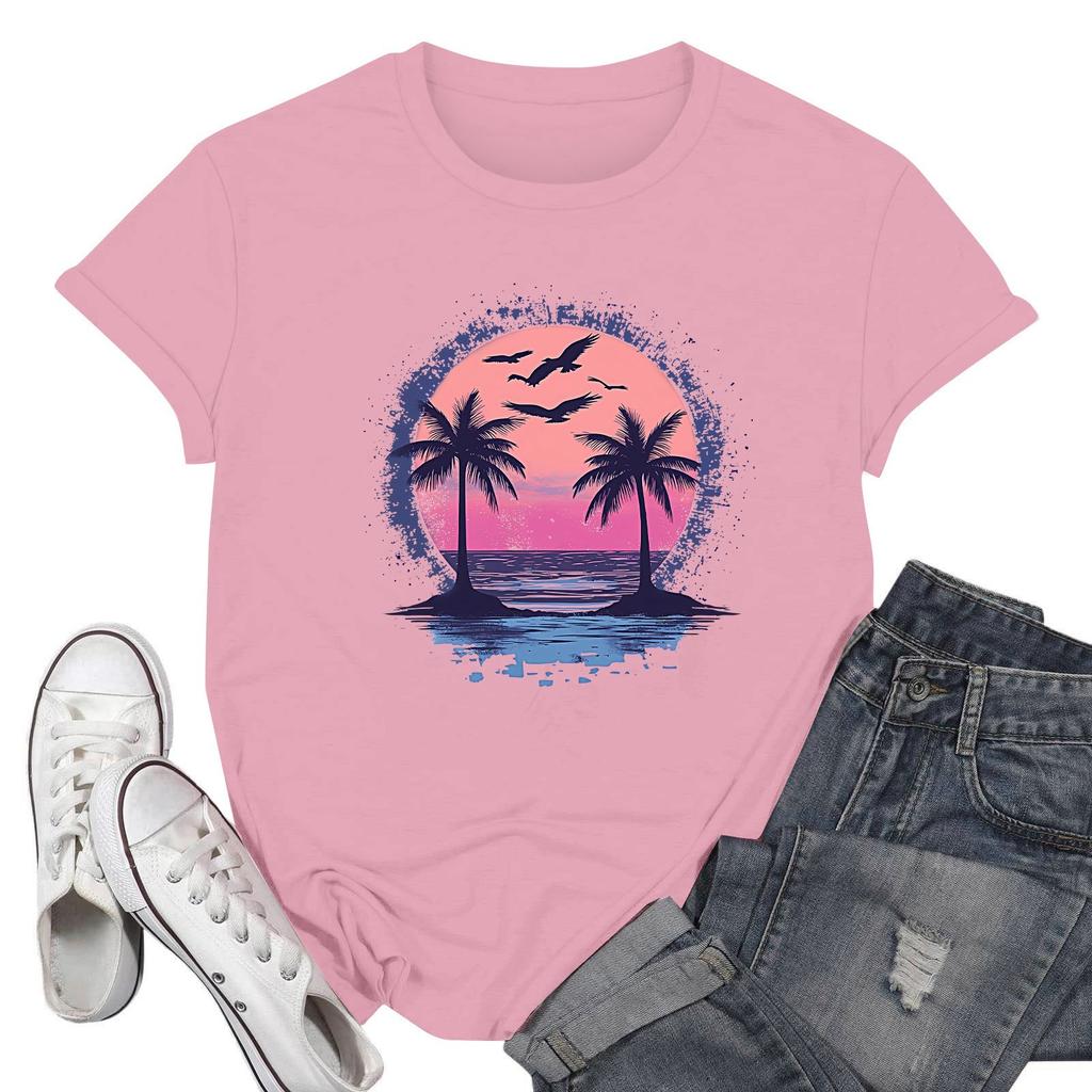 Women's Fashion Casual Printed Short Sleeve Round Neck Pullover Tops