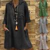 Women's Solid Boho Turn-down Collar Dress 3/4 Sleeve Casual Pocket Button Dress