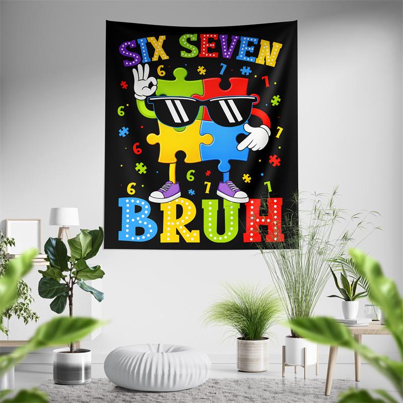 Aertemisi Six Seven Bruh 67 Autism Puzzle Tapestry Wall Hanging Art for Bedroom Living Room Decor Party Backdrop