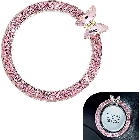 Bling Car Crystal Rhinestone Ring Emblem Sticker, Girly Butterfly Diamond Engine Start Button Cover, Push to Start Button, Key Ignition Starter &