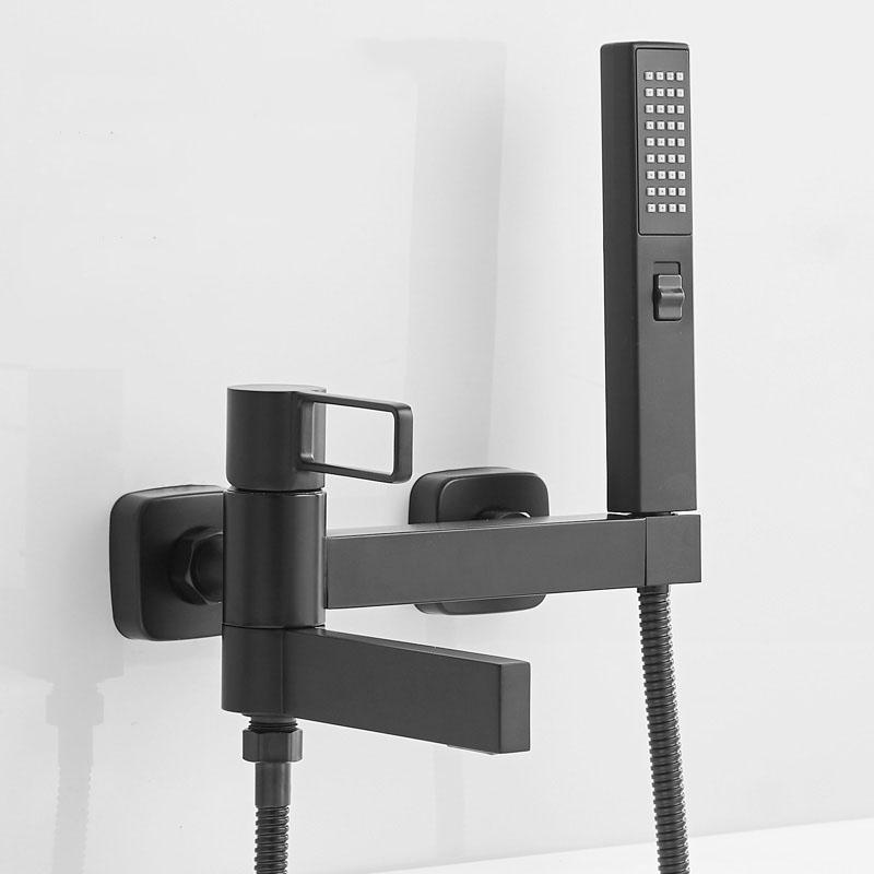 Черный/Хромированный Латунный Набор Смесителей для Ванны и Душа Ручной Настенный Смеситель для Душа Полая Ручка Горячий и Холодный Смеситель Водопад