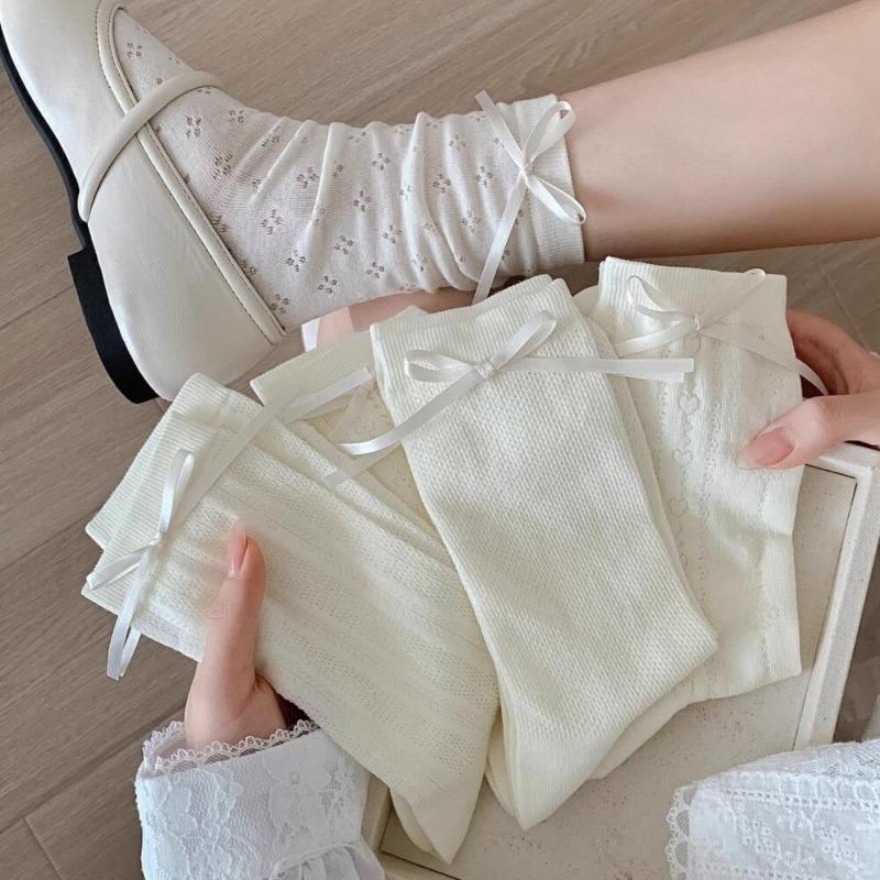 Summer Thin Hollow Mid-tube Socks with Side Bow Ribbon Ballet Style Cream Lolita JK Mesh Socks