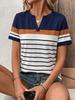 Casual style blue and white striped small V-neck short-sleeved T-shirt women's loose and thin versatile top