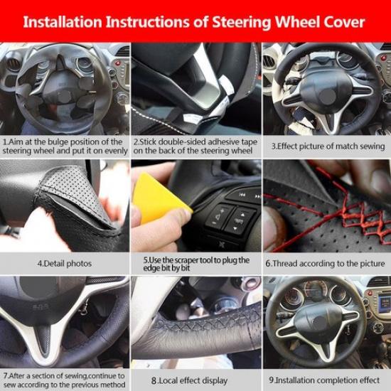Black Steering Wheel Leather Cover For Honda Civic 9th 2012 2013 -2015 Red Line