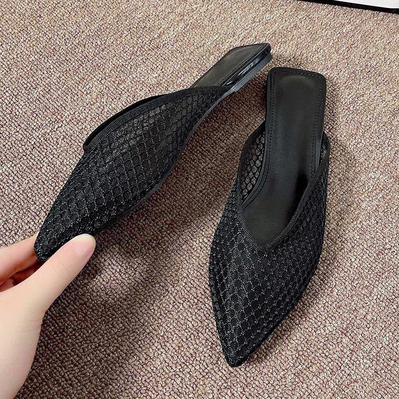 Fashion New Mesh Women Flats Pointed Toe Slippers Fad Breathable Mules Shoes Casual Slingback Sandals Summer Slides Lady Flip-flops