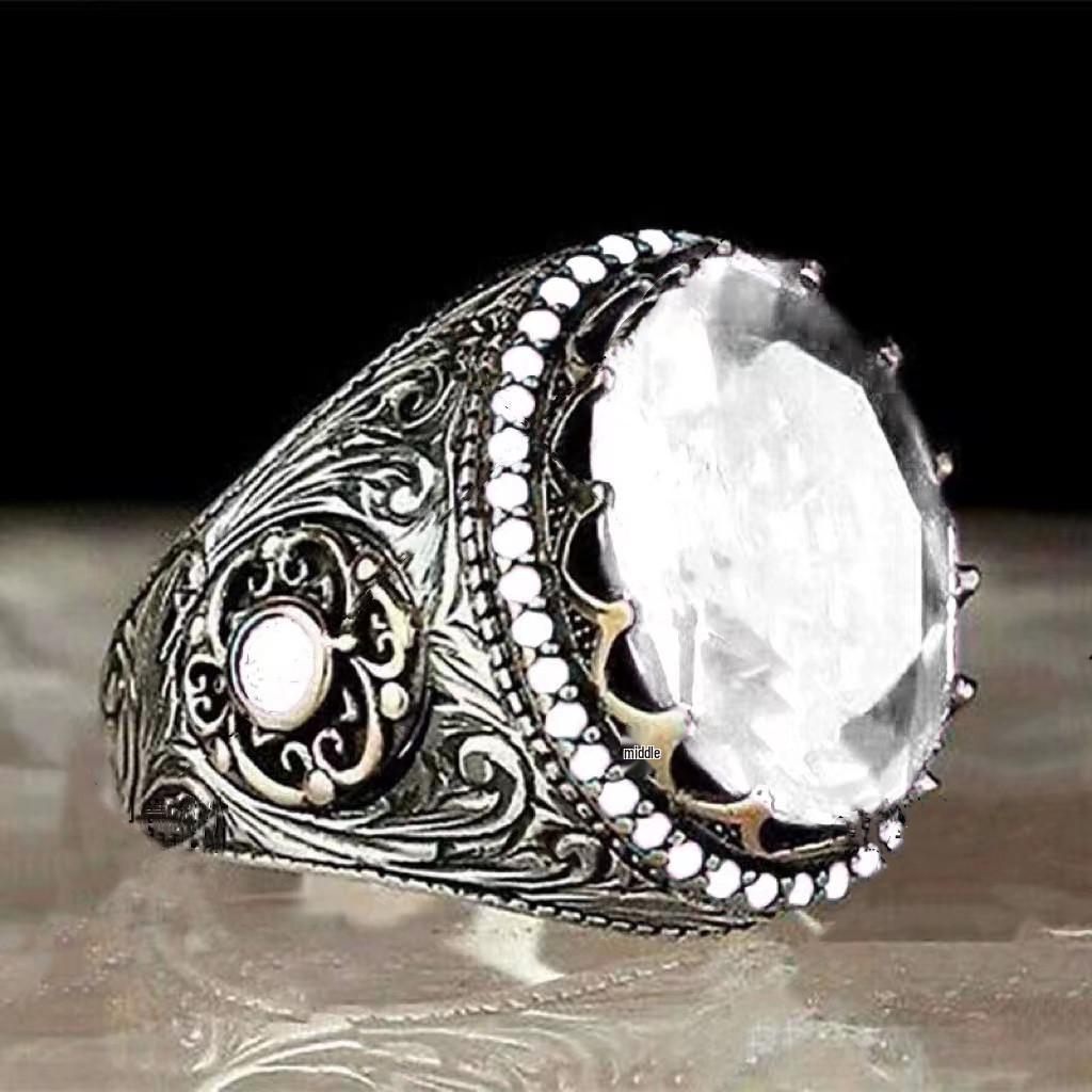 Men's Hip-Hop Retro Engraved Aquamarine Egg-Shaped Ring