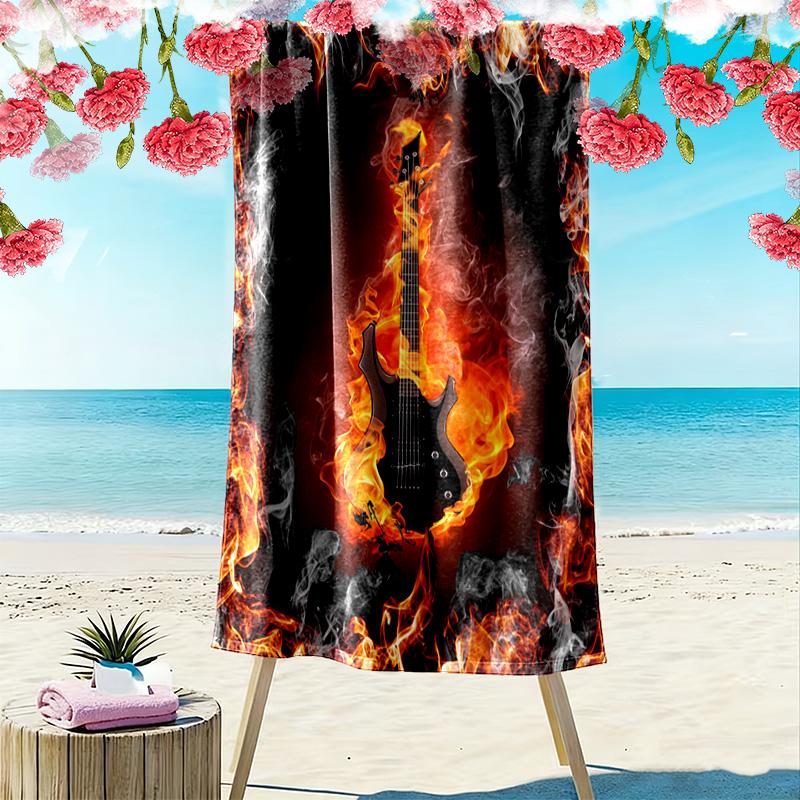 Fire Guitar Print Beach Towel, Large Soft Quick Dry Towel for Beach Camping Swimming